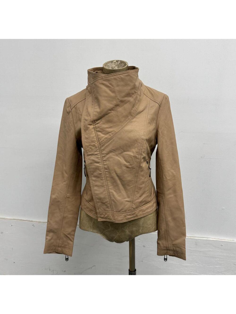 Vintage Tan Funnel Neck Asymmetric Avant Garde Leather Jacket
